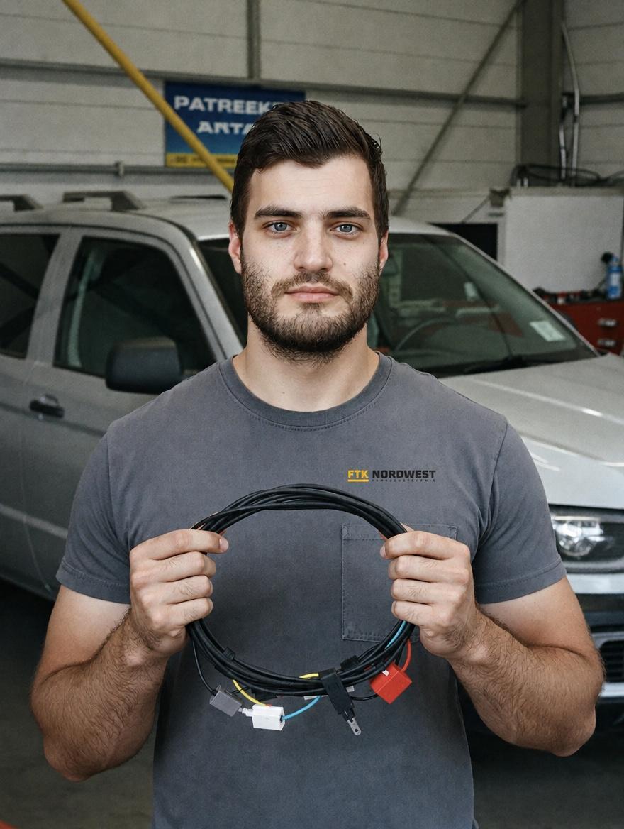 Helmut Kreuteler, Inhaber von FTK Nordwest Fahrzeugtechnik, mit einem Kabelstrang in der Werkstatt